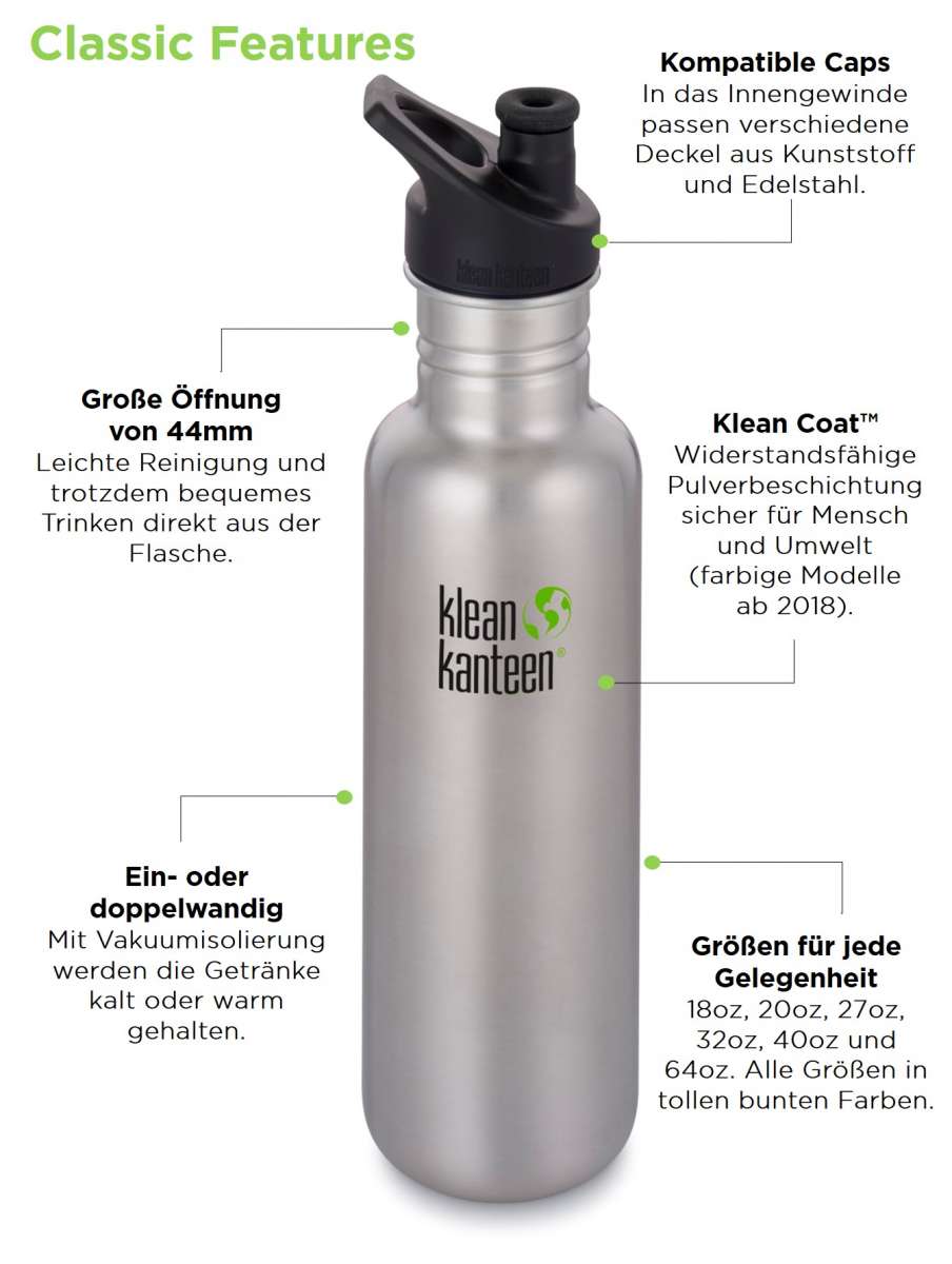 Klean Kanteen Edelstahl Trinkflasche Classic 800 ml Loop Cap