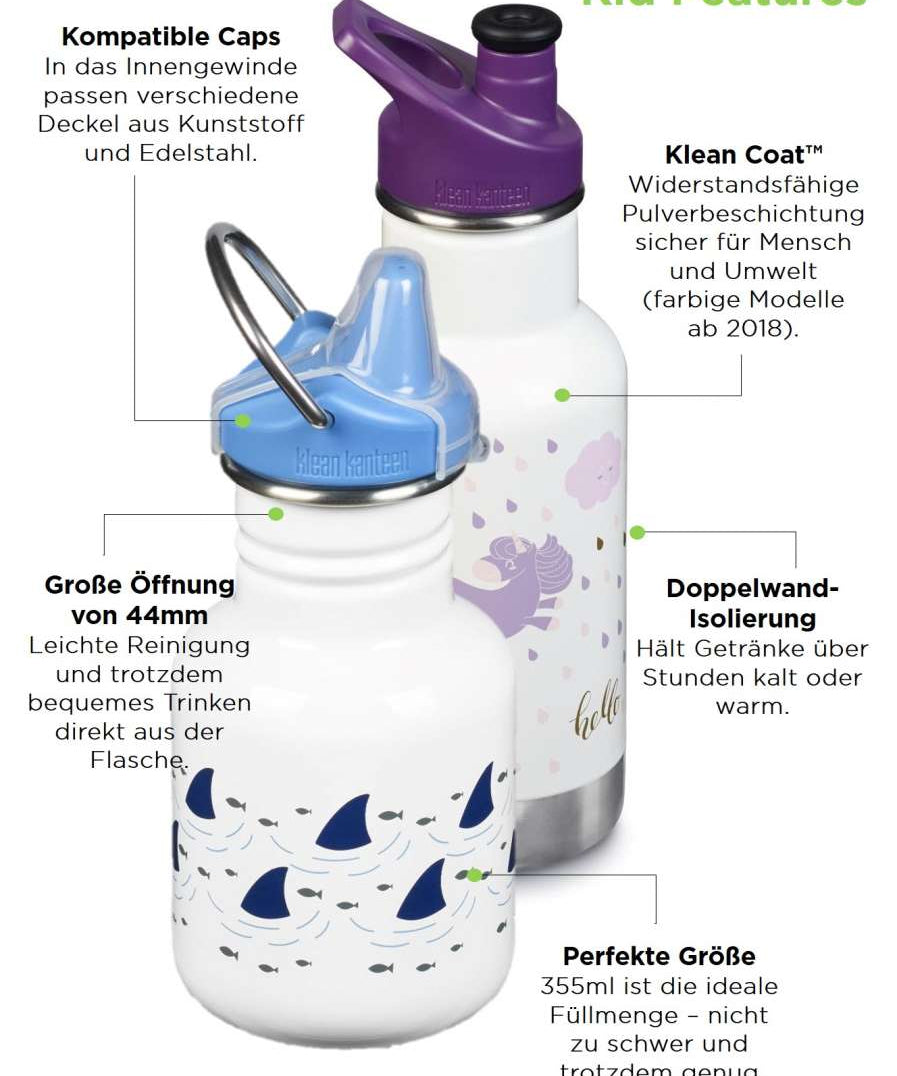 Klean Kanteen Edelstahl Trinkflasche Kid Classic 355 ml Sport Cap