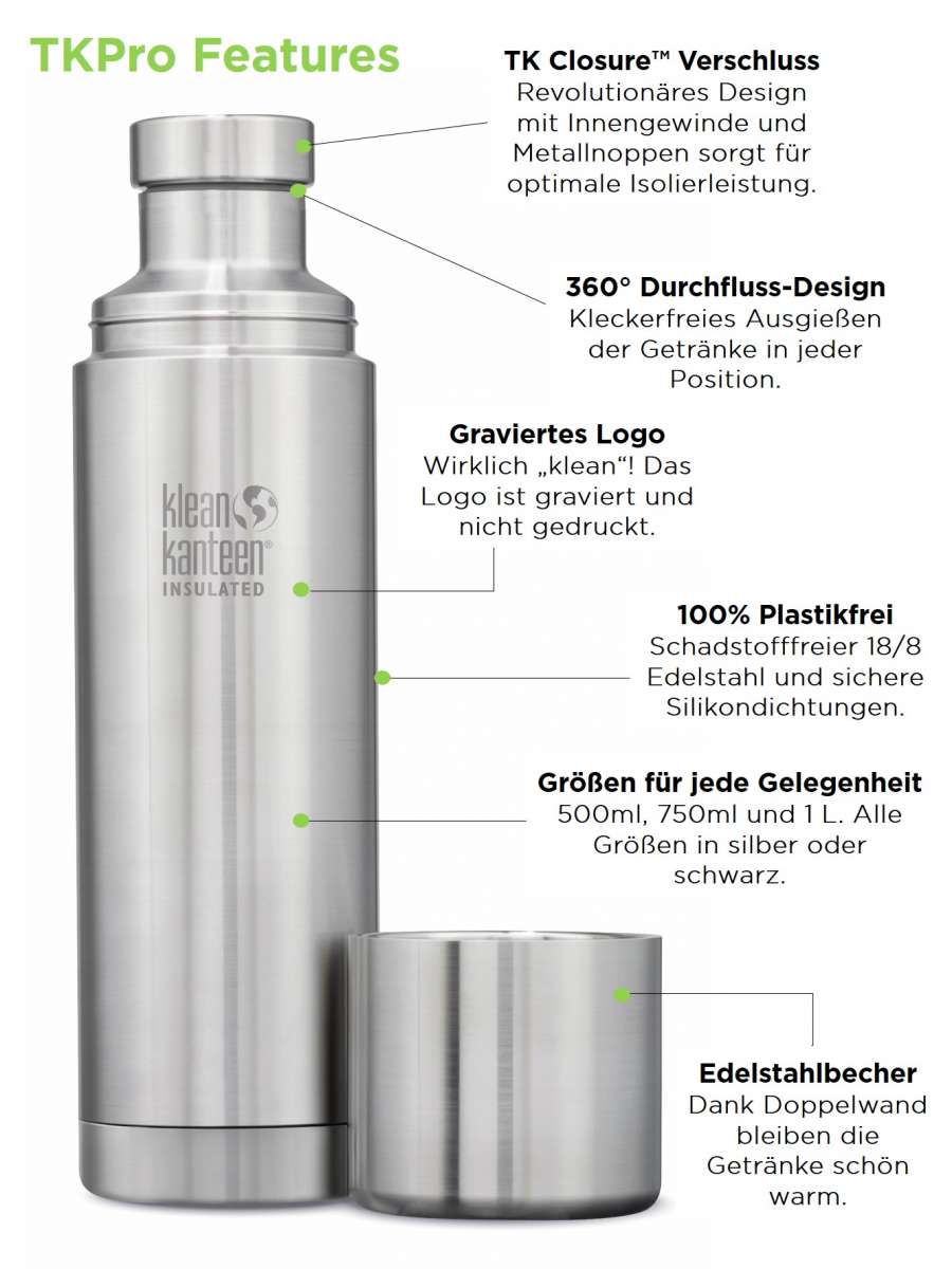 Klean Kanteen Edelstahl Thermoskanne TKPro 1000ml-brushed stainless